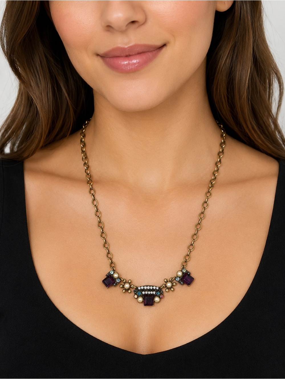 Vintage Gold-Tone Necklace with Red, Blue, and iridescent Gem and Pearl Accents